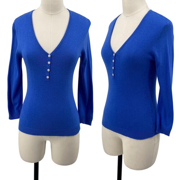 Lauren Ralph Lauren Sweater Top Silk Cashmere Button Up V Neck Blue Womens XS - Picture 1 of 8